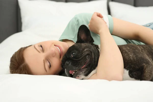 Happy Woman Hugging Cute French Bulldog Bed Room — Stock Photo, Image