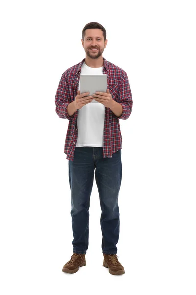 Happy Man Met Tablet Witte Achtergrond — Stockfoto