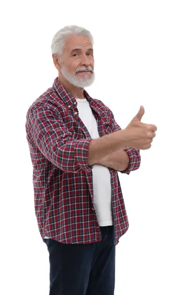 Muž Ukazující Palec Nahoru Bílém Pozadí — Stock fotografie