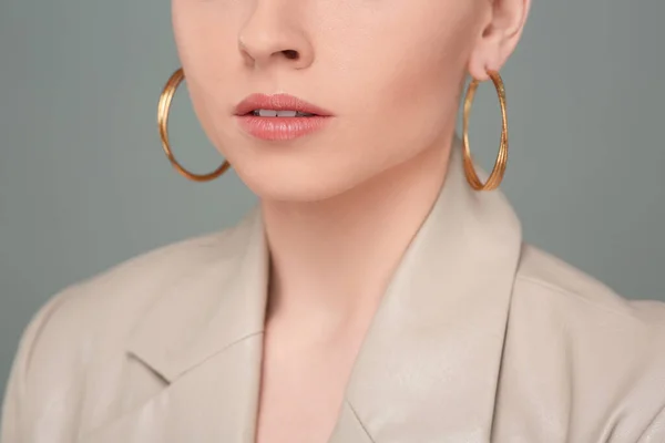 Woman Elegant Earrings Gray Background Closeup — Stock Photo, Image