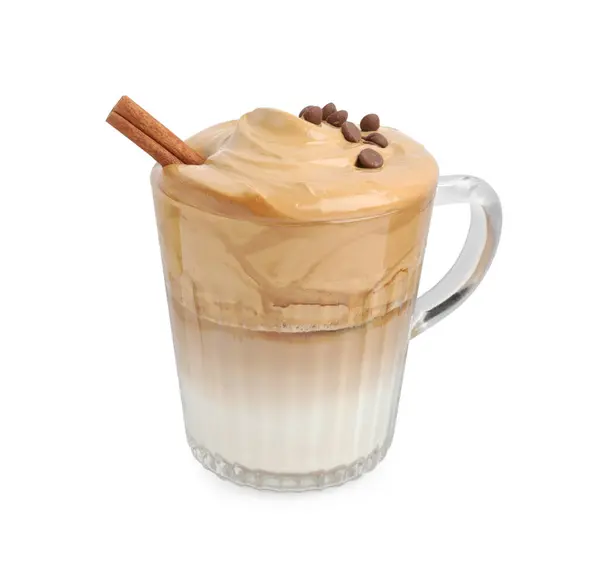 Glass Mug Delicious Dalgona Coffee Cinnamon Stick Chocolate Chips Isolated — Stock Photo, Image