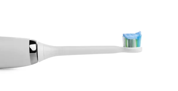 Escova Dentes Elétrica Com Pasta Fundo Branco Close — Fotografia de Stock