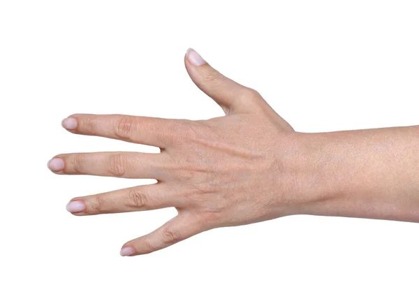 Κοντινό Πλάνο Του Χεριού Της Γυναίκας Γερασμένο Δέρμα Λευκό Φόντο — Φωτογραφία Αρχείου
