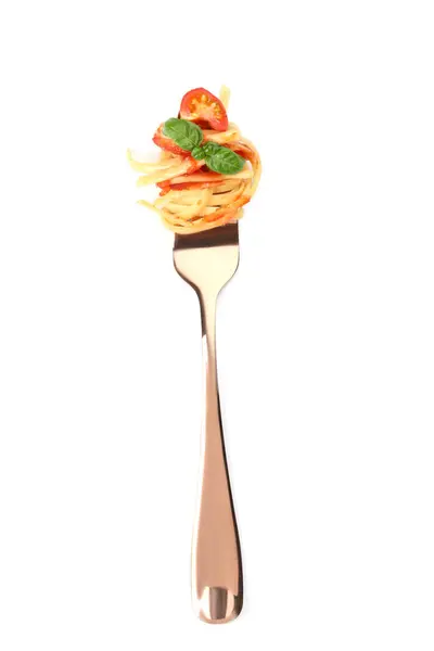 Vork Met Smakelijke Pasta Tomatensaus Basilicum Geïsoleerd Wit Bovenaanzicht — Stockfoto