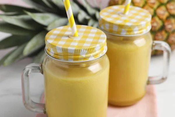 Tasty Pineapple Smoothie Fruit White Table Closeup — Stock Photo, Image