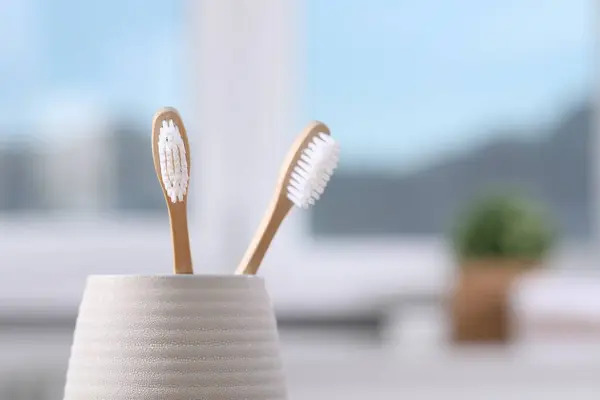 Bamboo Toothbrushes Holder Blurred Background Closeup Space Text — Stock Photo, Image