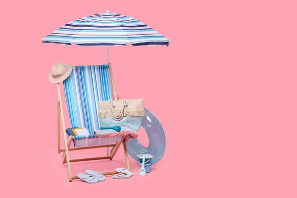 Deck Chair Umbrella Other Beach Accessories Pink Background Space Text — Stock Photo, Image