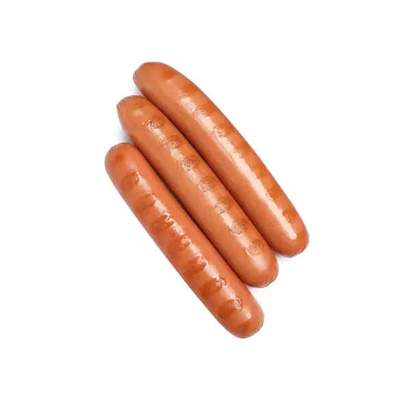 Leckere Grillwürste Auf Weißem Hintergrund Draufsicht Zutaten Für Hot Dogs — Stockfoto