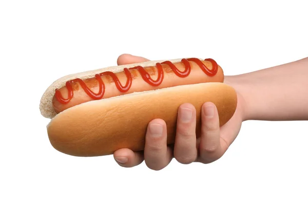 Mulher Segurando Delicioso Cachorro Quente Com Ketchup Fundo Branco Close — Fotografia de Stock