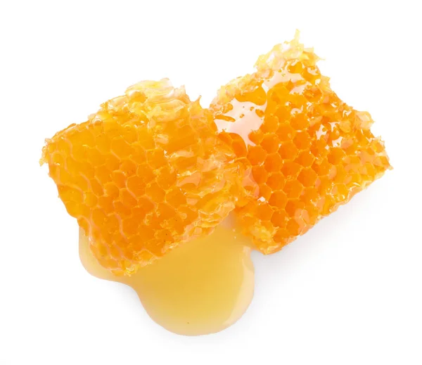 Natuurlijke Honingraten Met Smakelijke Honing Geïsoleerd Wit Bovenaanzicht — Stockfoto