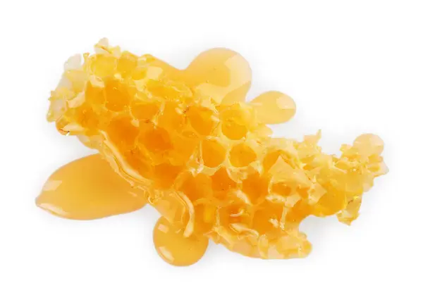 Stukje Natuurlijke Honingraat Met Lekkere Honing Geïsoleerd Wit Bovenaanzicht — Stockfoto