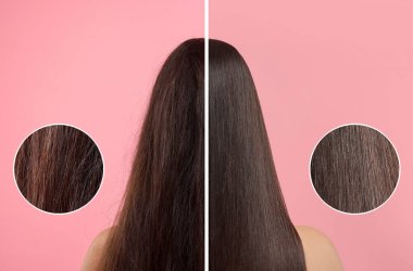 Pembe arka planda saç tedavisinden önce ve sonra ikiye bölünmüş kadın fotoğrafı. Yakınlaştırılmış alan hasarlı ve sağlıklı iplikleri gösteriyor