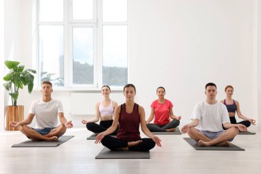 Paspaslar üzerinde yoga yapan bir grup insan, mesaj için yer var.