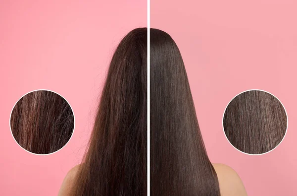女性の写真は ピンクの背景 バックビューで髪の治療の前後に半分に分かれています 損傷した 健康なストランドを示すズームエリア — ストック写真