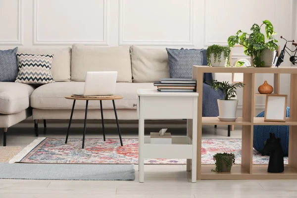 Snyggt Vardagsrum Med Vacker Matta Och Moderna Möbler Inredning — Stockfoto