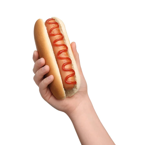 Mujer Sosteniendo Delicioso Hot Dog Con Ketchup Sobre Fondo Blanco —  Fotos de Stock
