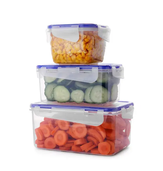 Plastic Containers Different Fresh Products Isolated White — Stock Photo, Image