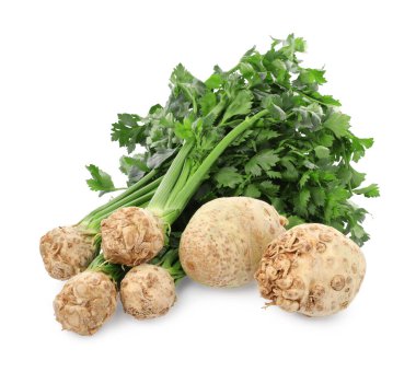 Beyaz saplı taze çiğ kereviz kökleri.