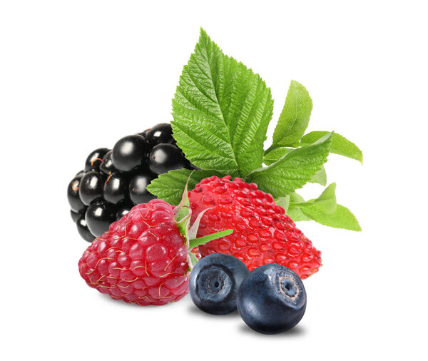 Wild berries. Blackberry, raspberry, strawberry, bilberries and green leaves isolated on white