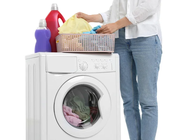 Woman Laundry Basket Detergents Washing Machine White Background Closeup — Stock Photo, Image