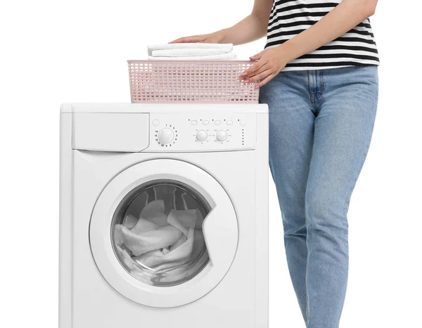 Woman Laundry Basket Washing Machine White Background Closeup — Stock Photo, Image