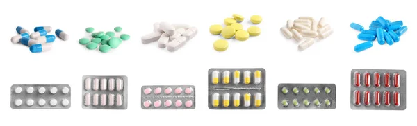 Set Mnoha Různými Pilulky Izolované Bílém — Stock fotografie