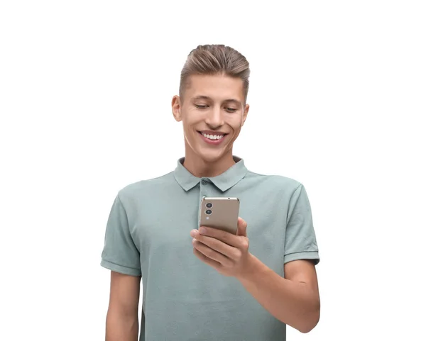 Happy Young Man Sending Message Smartphone White Background — Stock Photo, Image