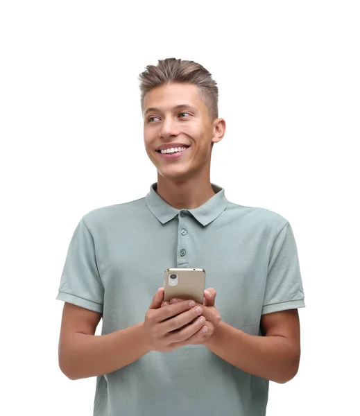 Happy Young Man Sending Message Smartphone White Background — Stock Photo, Image