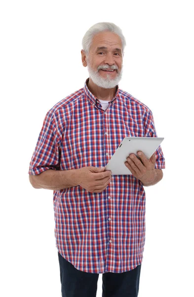 Hombre Sonriente Con Tableta Sobre Fondo Blanco —  Fotos de Stock