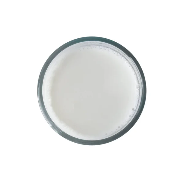 Glas Färsk Mjölk Isolerad Vit Ovanifrån — Stockfoto