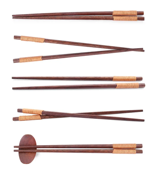 Koláž Dřevěnými Hůlkami Izolovanými Bílém — Stock fotografie