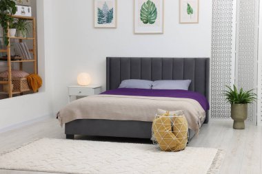 Rahat yatağı ve farklı dekorları olan şık bir yatak odası. İç tasarım