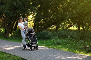 Parkta yürüyen şirin bir çocuk ve bebek arabasıyla mutlu bir dadı. Mesaj atmak için yer var.