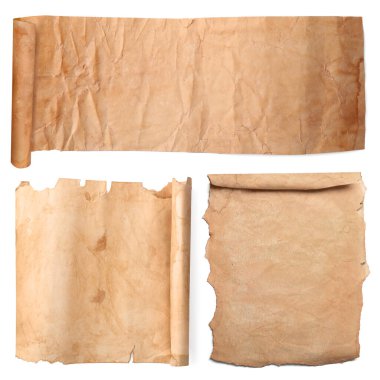 Beyaz üzerine izole edilmiş parşömenlerle ayarlayın. Yıllanmış kağıt sayfaları