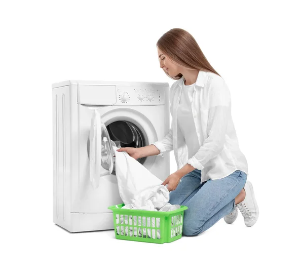 Beautiful Young Woman Taking Laundry Out Washing Machine White Background — Stock Photo, Image