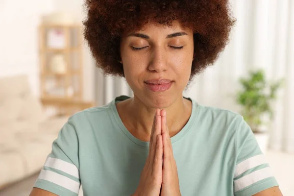 Woman Clasped Hands Praying God Indoors — Stock Photo, Image