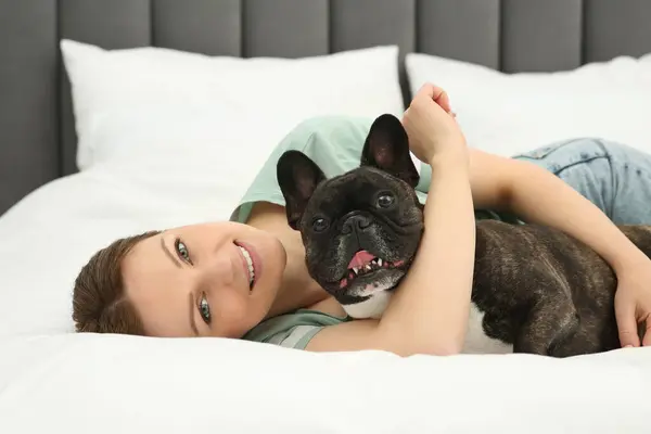 Happy Woman Hugging Cute French Bulldog Bed Room — Stock Photo, Image