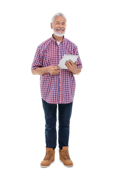 Улыбающийся Мужчина Табличкой Белом Фоне — стоковое фото