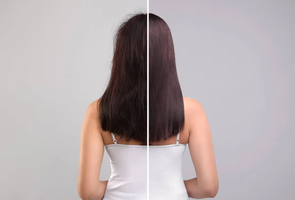 Фотографія Жінки Розділеної Половинки Після Лікування Волосся Сірому Фоні Вид — стокове фото