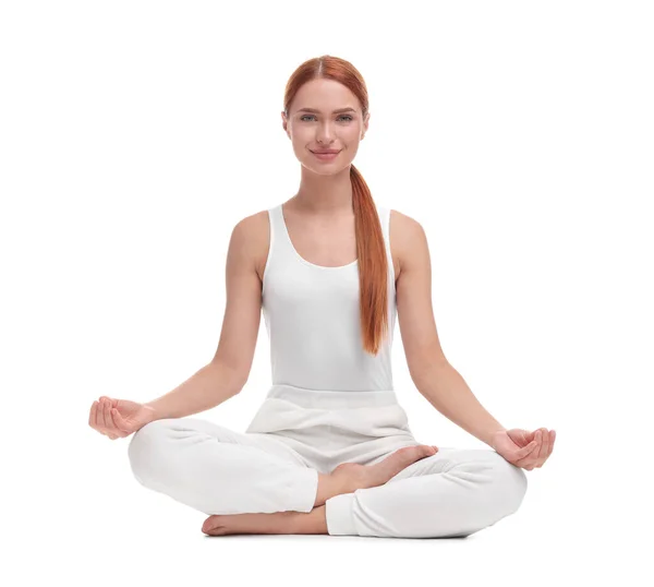 Beautiful Young Woman Practicing Yoga White Background Lotus Pose — Stock Photo, Image