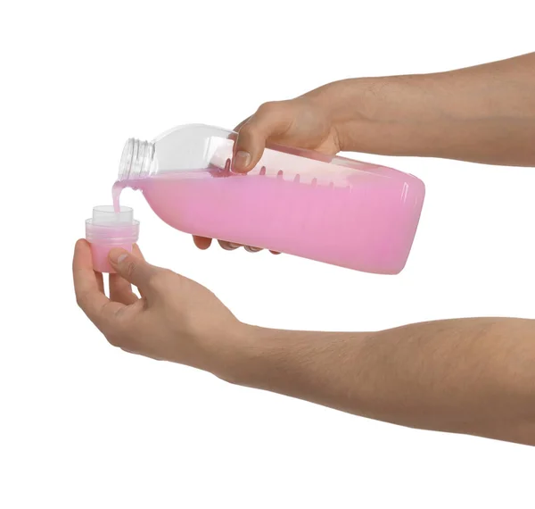 Man Pouring Fabric Softener Bottle Cap Washing Clothes White Background — Stock Photo, Image