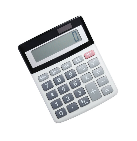 Modern calculator isolated on white, top view. Office stationery