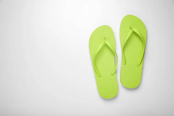 Light Green Flip Flops White Background Top View Space Text — Stock Photo, Image
