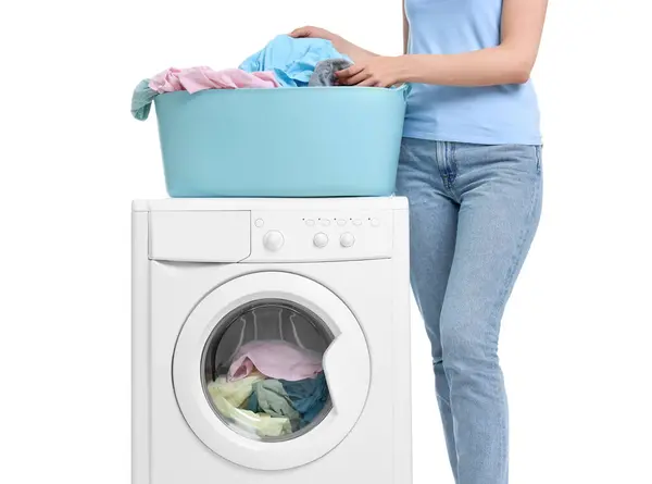 Woman Laundry Washing Machine White Background Closeup — Stock Photo, Image