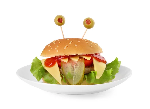 Roztomilý Monstrózní Burger Izolovaný Bílém Halloween Party Food — Stock fotografie