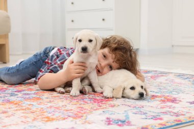 Evdeki halıda sevimli köpekleri olan küçük bir çocuk.