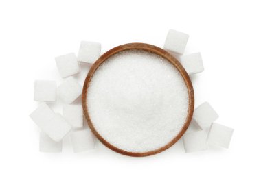 Beyaz, üst görünümde izole edilmiş farklı şeker tipleri