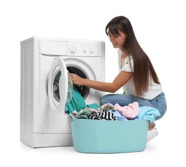 Beautiful Woman Taking Laundry Out Washing Machine White Background — Stock Photo, Image