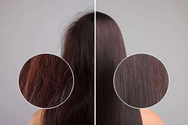 Фотографія Жінки Розділена Половинки Після Лікування Волосся Сірому Фоні Вид — стокове фото