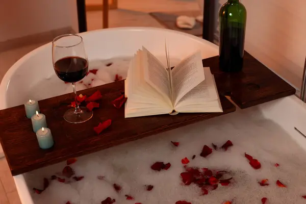 Wooden Board Glass Wine Book Burning Candles Rose Petals Bath — Stock Photo, Image